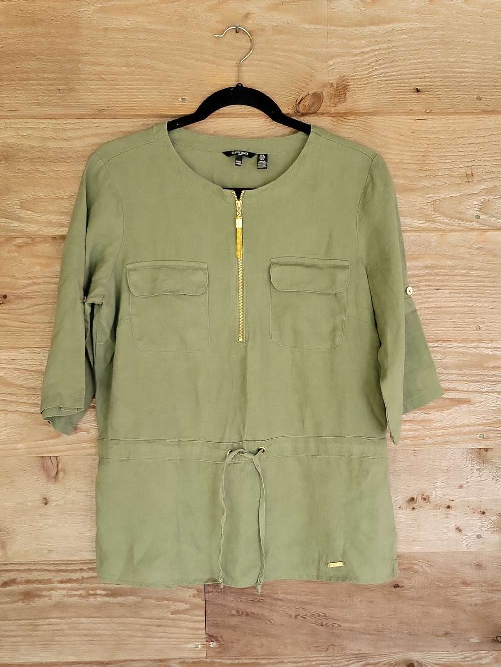 Ellen Tracy Size Small Linen Top in Olive Green